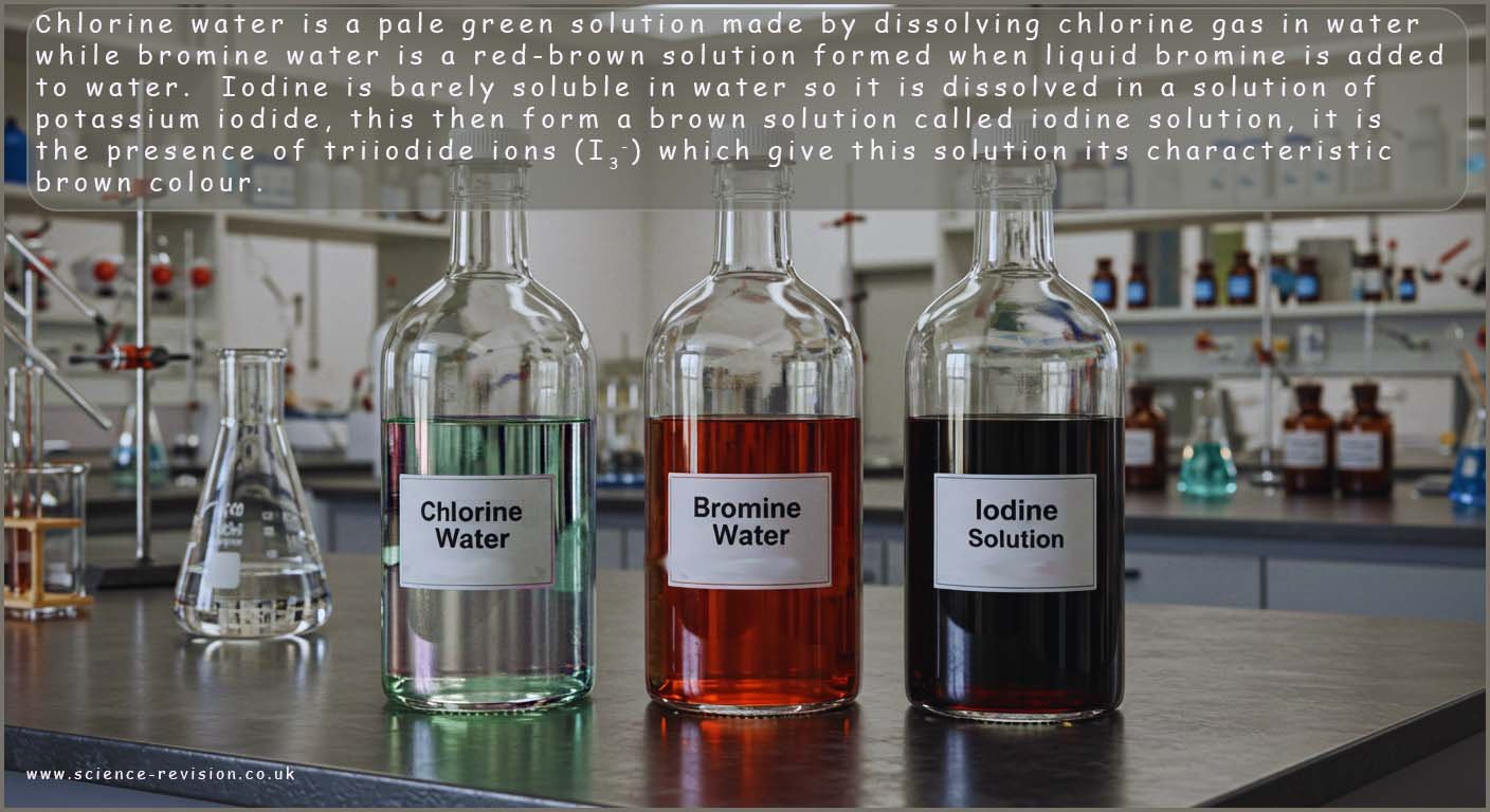 Bottles of chlorine water, bromine water and iodine solution on the bench in the chemistry lab.